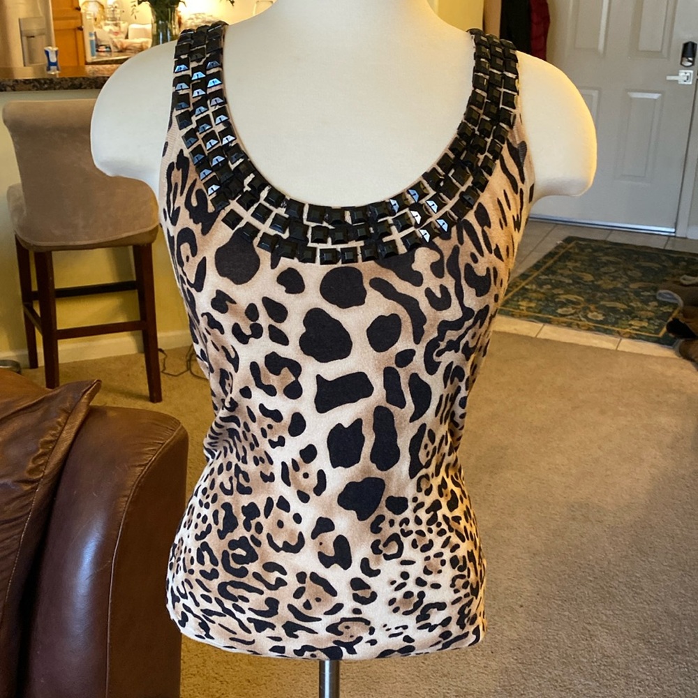 Cache Black And Brown Leopard Print Beaded At Bust
